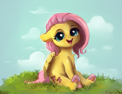 Size: 3476x2688 | Tagged: safe, artist:miokomata, fluttershy, pegasus, pony, colored hooves, cute, daaaaaaaaaaaw, female, floppy ears, freckles, freckleshy, happy, high res, looking at you, mare, miokomata is trying to murder us, open mouth, open smile, shyabetes, sitting, smiling, smiling at you, solo, underhoof, weapons-grade cute