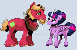 Size: 1920x1261 | Tagged: safe, artist:sandieflower, big macintosh, twilight sparkle, alicorn, earth pony, pony, g4, beard, colored horn, curved horn, deviantart watermark, duo, duo male and female, facial hair, female, gray background, horn, male, mare, nudity, obtrusive watermark, sheath, ship:twimac, shipping, simple background, stallion, straight, twilight sparkle (alicorn), unshorn fetlocks, watermark
