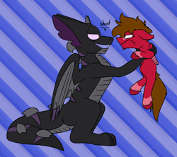 Size: 2250x2000 | Tagged: safe, artist:grandfinaleart, oc, oc only, oc:coal, oc:grand finale, dragon, pegasus, pony, angry, brown eyes, brown hair, brown mane, brown tail, digital art, dragon oc, duo, duo male, facial hair, fangs, folded wings, goatee, high res, holding a pony, horns, looking at you, male, non-pony oc, pegasus oc, red fur, scowl, simple background, sitting, size difference, smiling, smiling at you, spread wings, stallion, stallion oc, tail, teasing, unshorn fetlocks, wings