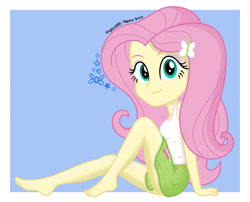 Size: 995x803 | Tagged: safe, artist:kingdark0001, fluttershy, equestria girls, barefoot, big head, breasts, busty fluttershy, butterfly hairpin, clothes, cute, feet, female, legs, looking at you, shyabetes, skirt, smiling, smiling at you, solo