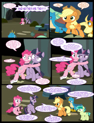 Size: 1042x1358 | Tagged: safe, artist:dendoctor, applejack, gallus, mean twilight sparkle, pinkie pie, sandbar, smolder, yona, alicorn, dragon, earth pony, griffon, pony, yak, comic:clone.., g4, alternate universe, bag, clone, comic, everfree forest, female, mare, pinkie clone, saddle bag, twilight sparkle (alicorn)