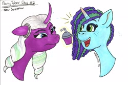 Size: 2298x1524 | Tagged: safe, artist:nadaburner, misty brightdawn, opaline arcana, alicorn, pony, unicorn, g5, my little pony: make your mark, spoiler:g5, duo, female, mare, ponytober, smoothie, that pony sure does love smoothies