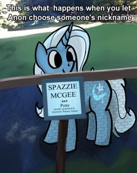 Size: 540x682 | Tagged: safe, artist:nonnyanon, trixie, pony, unicorn, g4, meme, ponified meme, sign, smiling, solo