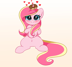 Size: 4427x4130 | Tagged: safe, artist:kittyrosie, oc, oc only, oc:rosa flame, pony, unicorn, belly fluff, chest fluff, cute, donut, food, heart, heart eyes, horn, horn impalement, looking at you, simple background, solo, the uses of unicorn horns, unicorn oc, wingding eyes