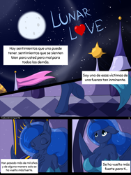 Size: 1480x1971 | Tagged: safe, artist:suirano, derpibooru exclusive, edit, editor:enrique zx, princess luna, alicorn, anthro, unguligrade anthro, comic:lunar love, g4, big breasts, breasts, busty princess luna, cleavage, comic, female, implied incest, implied lesbian, implied princess celestia, implied princest, implied shipping, night, sexy, solo, spanish, spanish text, stupid sexy princess luna, translation, translator:enrique zx