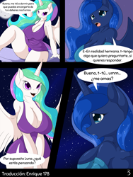 Size: 1480x1971 | Tagged: safe, artist:suirano, derpibooru exclusive, edit, editor:enrique zx, princess celestia, princess luna, alicorn, anthro, unguligrade anthro, comic:lunar love, g4, big breasts, breasts, cleavage, clothes, comic, female, huge breasts, incest, lesbian, night, ship:princest, shipping, siblings, sisters, skirt, spanish, spanish text, translation, translator:enrique zx, upskirt