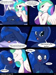 Size: 1480x1971 | Tagged: safe, artist:suirano, derpibooru exclusive, edit, editor:enrique zx, princess celestia, princess luna, alicorn, anthro, unguligrade anthro, comic:lunar love, g4, big breasts, blushing, breasts, busty princess celestia, busty princess luna, cleavage, comic, female, huge breasts, incest, kiss on the lips, kissing, lesbian, night, ship:princest, shipping, siblings, sisters, spanish, spanish text, surprise kiss, translation, translator:enrique zx