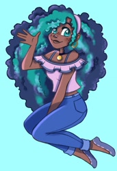 Size: 1401x2048 | Tagged: safe, artist:carouselunique, misty brightdawn, human, g5, choker, clothes, dark skin, denim, ear piercing, earring, freckles, humanized, jeans, jewelry, pants, piercing, smiling, solo, waving