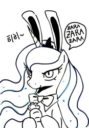 Size: 711x1024 | Tagged: safe, artist:maren, princess luna, alicorn, pony, g4, 2013, bowtie, bunny ears, bust, carrot, doodle, female, food, holding, korean, mare, old art, solo, speech bubble