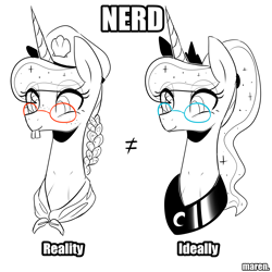 Size: 2000x2000 | Tagged: safe, artist:maren, princess luna, alicorn, pony, g4, 2015, alternate hairstyle, braid, bucktooth, bust, caption, female, freckles, glasses, hat, high res, image macro, mare, monochrome, nerd, old art, partial color, portrait, solo, text