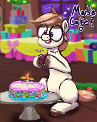 Size: 1835x2310 | Tagged: safe, artist:phutashi, oc, oc only, oc:phutashi, earth pony, pony, birthday cake, birthday candles, birthday party, cake, food, glasses, heart, hoof heart, male, open mouth, open smile, party, sitting, smiling, solo, stallion, underhoof, upside-down hoof heart