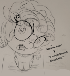 Size: 1500x1635 | Tagged: source needed, useless source url, safe, artist:2fat2fly, cozy glow, pegasus, pony, g4, angry, cross-popping veins, dialogue, doodle, emanata, eye clipping through hair, female, filly, foal, looking at you, looking up, looking up at you, monochrome, open mouth, sitting