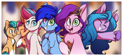 Size: 3286x1496 | Tagged: safe, artist:notetaker, hitch trailblazer, izzy moonbow, pipp petals, sunny starscout, zipp storm, oc, oc:duskblue, earth pony, pegasus, pony, unicorn, g5, blurry background, female, male, mane five, mare, stallion