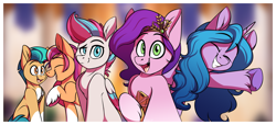 Size: 3286x1496 | Tagged: safe, alternate version, artist:notetaker, hitch trailblazer, izzy moonbow, pipp petals, sunny starscout, zipp storm, earth pony, pegasus, pony, unicorn, g5, blurry background, female, male, mane five, mare, stallion