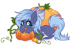 Size: 1280x870 | Tagged: safe, artist:vi45, oc, oc only, pegasus, pony, bow, female, hair bow, looking at you, lying down, mare, prone, pumpkin, raspberry, simple background, smiling, solo, tongue out, white background