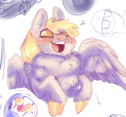 Size: 500x462 | Tagged: safe, artist:creatorsmask, derpy hooves, pegasus, pony, g4, blushing, cheek fluff, chest fluff, cloven hooves, cute, derpabetes, female, fluffy, impossibly large chest fluff, mare, open mouth, open smile, simple background, sketch, smiling, solo, spread wings, unshorn fetlocks, white background, wings
