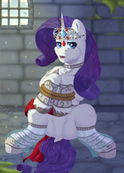 Size: 2928x4094 | Tagged: safe, artist:creed larsen, rarity, pony, unicorn, g4, armor, clothes, commission, dungeon, frog (hoof), jewelry, looking at you, regalia, rope, smiling, solo, tiara, underhoof, ych result