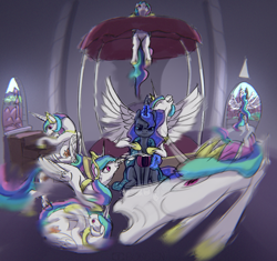 Size: 2040x1921 | Tagged: safe, artist:ciborgen, princess celestia, princess luna, alicorn, pony, g4, bed, bedroom, blanket, coffee mug, duo, faic, female, hat, horn, horn cap, hyperactive, levitation, luna is not amused, magic, majestic as fuck, mare, mug, nightcap, rolling, silly, smear frame, spread wings, telekinesis, unamused, wings, zoomies