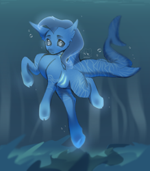 Size: 1992x2272 | Tagged: safe, artist:azaani, oc, oc only, oc:fingerling, earth pony, hybrid, original species, pony, shark, bubble, cloven hooves, dorsal fin, fin, fish tail, flowing mane, gills, male, ocean, scales, seaweed, solo, swimming, tail, underwater, water