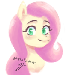 Size: 640x713 | Tagged: safe, artist:theneodriver, fluttershy, g4, bust, colored ears, colored pupils, female, mare, portrait, reddit, shiny mane, signature, solo