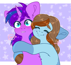 Size: 1600x1467 | Tagged: safe, artist:etoz, oc, oc only, oc:cyan nova fae, oc:sertpony, earth pony, pony, unicorn, blushing, commission, cute, embarrassed, eyebrows, eyebrows visible through hair, eyes closed, heart, horn, hug, shy, smiling, snuggling, surprised, unicorn oc, ych result