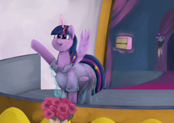 Size: 3120x2196 | Tagged: safe, alternate version, artist:lupin quill, twilight sparkle, alicorn, pony, balcony, belly, big belly, blushing, cake, chubby, chubby cheeks, clothes, dialogue, dress, eyebrows, eyebrows visible through hair, fat, fat fetish, feedee, female, fetish, flower, food, implied weight gain, levitation, magic, nervous, open mouth, see-through, solo, spread wings, sweat, sweatdrop, telekinesis, textless version, the ass was fat, twilard sparkle, twilight sparkle (alicorn), wardrobe malfunction, waving, wingboner, wings