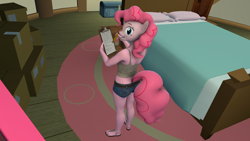 Size: 1920x1080 | Tagged: safe, artist:sketchmcreations, derpibooru exclusive, pinkie pie, earth pony, anthro, plantigrade anthro, g4, 3d, bed, bedroom, booty shorts, box, clothes, female, looking at you, looking back, looking back at you, open mouth, pinkie's bedroom, sandals, smiling, solo, source filmmaker, sugarcube corner, tank top