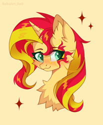 Size: 1544x1865 | Tagged: safe, artist:belkaart0w0, sunset shimmer, pony, unicorn, g4, blushing, bust, chest fluff, cute, ear fluff, eyebrows, eyebrows visible through hair, female, mare, shimmerbetes, simple background, solo, sparkles, yellow background