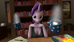 Size: 1920x1080 | Tagged: safe, artist:sketchmcreations, derpibooru exclusive, starlight glimmer, unicorn, anthro, plantigrade anthro, g4, 3d, board game, bookshelf, breasts, chocolate, clipboard, dragon pit, drink, empathy cocoa, female, food, grin, hot chocolate, looking at you, magic, marshmallow, mug, offscreen character, painting, pencil, pov, raised eyebrow, sire's hollow, sitting, smiling, solo, source filmmaker, steam, stool, table, telekinesis