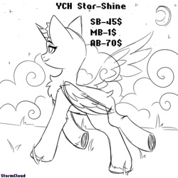 Size: 1280x1280 | Tagged: safe, artist:stesha, oc, pony, advertisement, any gender, any race, butt, chest fluff, cloud, cloudy, commission, crescent moon, full body, grass, grass field, looking away, moon, night, night sky, plot, sky, smiling, solo, stars, walking, your character here