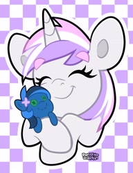 Size: 2854x3719 | Tagged: safe, artist:partypievt, oc, oc only, oc:glam rock, pony, unicorn, checkered background, cute, eyes closed, female, high res, hug, mare, plushie, smiling