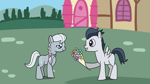 Size: 1920x1080 | Tagged: safe, artist:platinumdrop, rumble, silver spoon, bouquet of flowers, colt, female, filly, foal, male, request, rumblespoon, shipping, smiling, straight