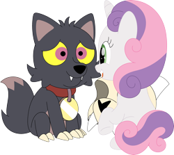 Size: 3533x3147 | Tagged: safe, artist:porygon2z, sweetie belle, pony, titan, unicorn, g4, broken horn, collar, crossover, cute, diasweetes, duo, duo male and female, female, filly, foal, high res, horn, king clawthorne, male, pet tag, show accurate, simple background, sitting, skull, the owl house, transparent background, unmasked