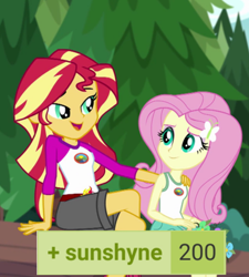 Size: 720x801 | Tagged: safe, edit, edited screencap, screencap, fluttershy, sunset shimmer, human, derpibooru, equestria girls, g4, my little pony equestria girls: legend of everfree, duo, duo female, female, lesbian, looking at each other, looking at someone, meta, milestone, png, ship:sunshyne, shipping, sitting, tags