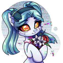 Size: 2500x2500 | Tagged: safe, artist:cyborg-steve, artist:stesha, cyborg, earth pony, pony, anime, bouquet, bouquet of flowers, bust, cute, cyberpunk, cyberpunk 2077, cyberpunk: edgerunners, error, eyebrows, eyebrows visible through hair, female, flower, glitch, high res, looking at you, mare, pigtails, ponified, rebecca (cyberpunk: edgerunners), smiling, smiling at you, solo, twintails