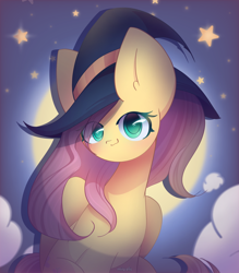 Size: 2100x2400 | Tagged: safe, artist:miryelis, fluttershy, pegasus, pony, g4, big ears, cloud, cute, hat, high res, long hair, looking at you, shyabetes, sitting, smiling, smiling at you, solo, stars, witch hat