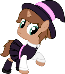 Size: 2340x2656 | Tagged: safe, artist:peternators, oc, oc only, oc:heroic armour, pony, unicorn, g4, clothes, colt, costume, crossdressing, fake eyelashes, foal, halloween, halloween costume, hat, high res, holiday, male, mary janes, nightmare night, nightmare night costume, ponytail, raised leg, shirt, shoes, simple background, skirt, smiling, socks, solo, transparent background, witch, witch costume, witch hat
