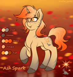 Size: 3042x3200 | Tagged: safe, artist:shad0w-galaxy, oc, oc only, oc:ash spark, pony, unicorn, adoptable, concave belly, cute, female, high res, hooves, horn, mare, raised hoof, reference sheet, simple background, slender, smiling, solo, thin, tongue out, unshorn fetlocks