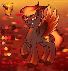 Size: 3042x3200 | Tagged: safe, artist:shad0w-galaxy, oc, oc only, oc:blazing gale, pegasus, pony, adoptable, concave belly, female, high res, hooves, mare, open mouth, raised hoof, reference sheet, simple background, slender, smiling, solo, spread wings, thin, unshorn fetlocks, wings