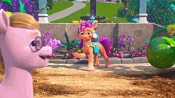 Size: 1280x716 | Tagged: safe, screencap, mayflower, sunny starscout, earth pony, pony, g5, my little pony: make your mark, my little pony: make your mark chapter 2, the cutie mark mix-up, spoiler:g5, spoiler:my little pony: make your mark chapter 2, spoiler:mymc02e05, animated, apple, background pony, catching, female, flower, food, fruit, gif, mane stripe sunny, mare, rose, swimming pool, vegetables, zucchini