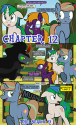 Size: 1920x3168 | Tagged: safe, artist:alexdti, king sombra, oc, oc:brainstorm (alexdti), oc:purple creativity, oc:star logic, pegasus, pony, unicorn, comic:quest for friendship, g4, the beginning of the end, apple, apple tree, bracelet, comic, curved horn, dialogue, ears back, evil laugh, female, fence, folded wings, food, glasses, high res, horn, jewelry, laughing, looking at each other, looking at someone, looking back, male, mare, open mouth, open smile, outdoors, pegasus oc, pinpoint eyes, ponytail, raised hoof, smiling, speech bubble, stallion, tail, tree, two toned mane, two toned tail, unicorn oc, wings