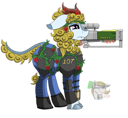 Size: 1450x1338 | Tagged: safe, artist:gray star, oc, oc only, kirin, fallout equestria, armor, berry, clothes, commission, food, jumpsuit, kirin oc, laser rifle, simple background, solo, stable-tec, transparent background, vault suit, vine