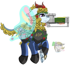 Size: 1450x1338 | Tagged: safe, alternate version, artist:gray star, oc, oc only, kirin, fallout equestria, armor, berry, butterfly wings, clothes, commission, food, jumpsuit, kirin oc, laser rifle, simple background, solo, stable-tec, transparent background, vault suit, vine, wings