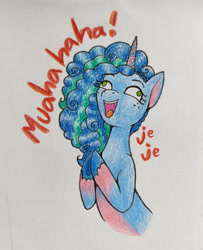 Size: 1039x1280 | Tagged: safe, artist:mintytreble, misty brightdawn, pony, unicorn, g5, my little pony: make your mark, my little pony: tell your tale, evil laugh, laughing, simple background, traditional art