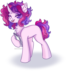 Size: 1674x1782 | Tagged: safe, artist:stesha, oc, oc only, oc:melody (melodylibris), pony, unicorn, book, chest fluff, colored sketch, curly hair, curly tail, cute, eye clipping through hair, eyebrows, eyebrows visible through hair, eyes closed, female, full body, happy, horn, mare, open mouth, open smile, simple background, smiling, solo, tail, unicorn oc, white background