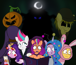 Size: 1760x1515 | Tagged: safe, artist:isaac_pony, hitch trailblazer, izzy moonbow, pipp petals, sunny starscout, zipp storm, oc, oc:aboral death, oc:lord fear, demon, draconequus, earth pony, ghost, ghost pony, humanoid, pegasus, pony, undead, unicorn, g5, my little pony: a new generation, my little pony: tell your tale, ball, black sclera, book, creepy, draconequus oc, fantasy, female, glasses, halloween, hat, holiday, horn, light, mane five, mane stripe sunny, monster, moon, night, nightmare night, oc villain, phone, pumpkin, pumpkin head, red eyes, reference, scarecrow, shadow, shadowbolts, show accurate, tell your tale accurate, vector, waistband, wings