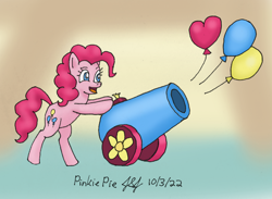 Size: 1428x1048 | Tagged: safe, artist:jobeevrai, pinkie pie, earth pony, pony, g4, balloon, heart, heart balloon, party cannon