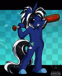 Size: 1564x1940 | Tagged: safe, artist:amanddica, oc, oc:shabaco, unicorn, semi-anthro, baseball bat, one eye closed, simple background, smiling, solo, wink