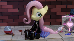 Size: 3840x2160 | Tagged: safe, artist:the luna fan, derpibooru exclusive, part of a set, fluttershy, pegasus, pony, g4, 3d, blender, blender cycles, bottlecap, brick wall, companion cube, computer, crystal, cushion, donut, food, high res, laptop computer, latex, latex suit, looking up, part of a series, portal (valve), potion, sitting, smiling, tiled floor