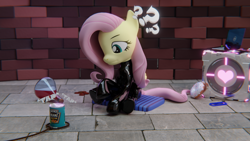 Size: 3840x2160 | Tagged: safe, artist:the luna fan, derpibooru exclusive, part of a set, fluttershy, pegasus, pony, g4, 3d, beans, blender, blender cycles, bottlecap, brick wall, companion cube, computer, crystal, cushion, donut, food, high res, laptop computer, latex, latex suit, onomatopoeia, part of a series, portal (valve), potion, question mark, rope, sitting, tiled floor